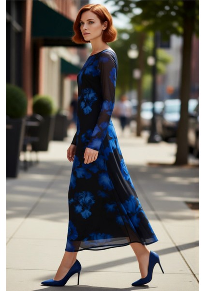 Kadınlara Özel Bodycon Kesim Kayık Yaka Maxi Elbise Tül Kol Detaylı Şık Sırt Dekolteli Kaliteli fırsatları