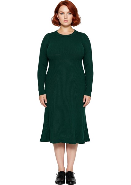 Kadın Bisiklet Yaka Midi Boy Uzun Kol Düz Desenli A Line Kesim Fitilli Triko Elbise Rahatlığı