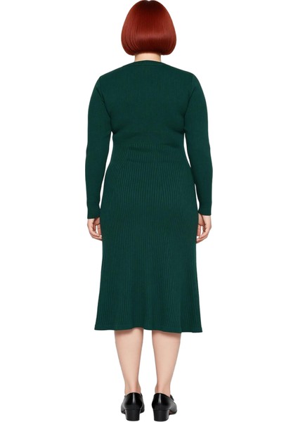 Kadın Bisiklet Yaka Midi Boy Uzun Kol Düz Desenli A Line Kesim Fitilli Triko Elbise Rahatlığı fiyatları