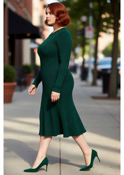 Kadın Bisiklet Yaka Midi Boy Uzun Kol Düz Desenli A Line Kesim Fitilli Triko Elbise Rahatlığı modelleri