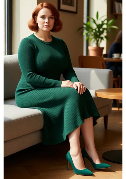 Kadın Bisiklet Yaka Midi Boy Uzun Kol Düz Desenli A Line Kesim Fitilli Triko Elbise Rahatlığı fırsatları