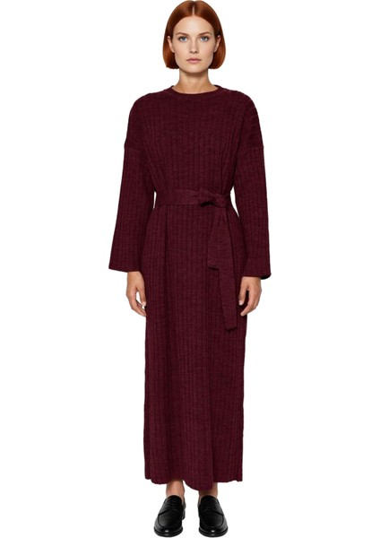 Kadınlar Için Konforlu Bisiklet Yaka A Line Kuşaklı Triko Maxi Elbise Düz Desen Kışlık Günlük Stil