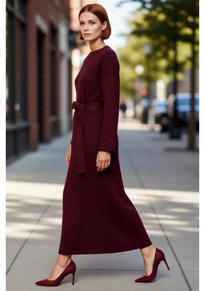 Kadınlar Için Konforlu Bisiklet Yaka A Line Kuşaklı Triko Maxi Elbise Düz Desen Kışlık Günlük Stil modelleri