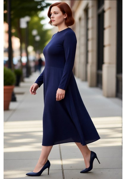 Kadın Lacivert Düz A Line Uzun Kollu Bisiklet Yaka Midi Rahat Dokuma Elbise Günlük Stil Kaliteli modelleri