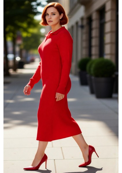 Kadın Polo Yaka Fitilli Bodycon Triko Midi Elbise Uzun Kollu Kış Günlük Şık Akrilik Tasarım