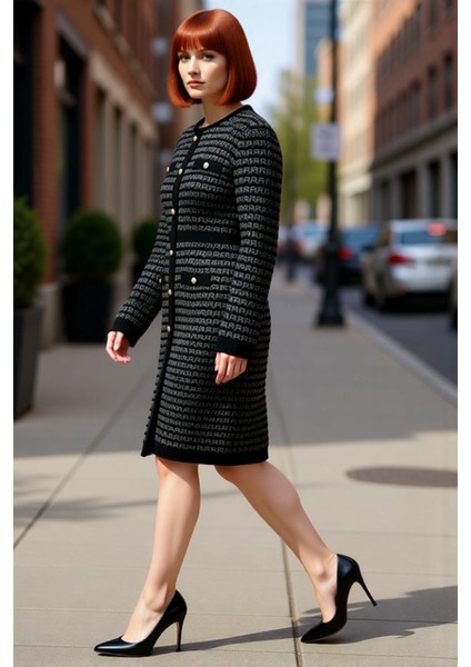 Kadın Siyah Ekose Desenli Bodycon Triko Elbise Uzun Kollu Kışlık Günlük Şık Mini Kaliteli