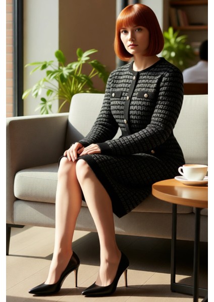 Kadın Siyah Ekose Desenli Bodycon Triko Elbise Uzun Kollu Kışlık Günlük Şık Mini Kaliteli fiyatları