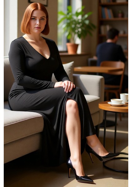 Kadın V Yaka A Kesim Uzun Kollu Maxi Örme Elbise Şık Düz Tasarım Gündüz Gece Kombinleri Için Ideal fiyatları