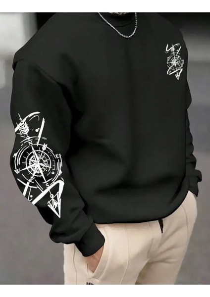 Büyük Beden Özel Tasarım Pusula Kol Göğüs Baskılı %100 Pamuk Oversize Trend Erkek Sweatshırt
