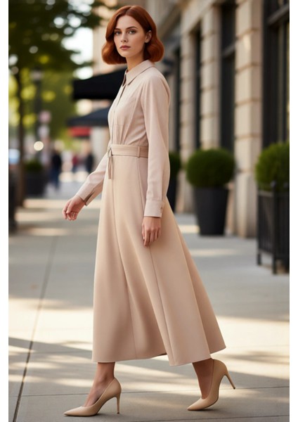 Kadın Tesettür Giyim Çizgili Dokuma Kemer Detaylı Gömlek Yaka Skater Kalıp Maxi Uzun Kollu Elbise modelleri