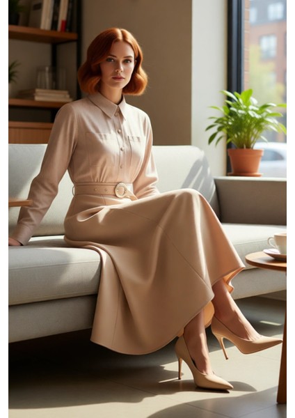 Kadın Tesettür Giyim Çizgili Dokuma Kemer Detaylı Gömlek Yaka Skater Kalıp Maxi Uzun Kollu Elbise fırsatları