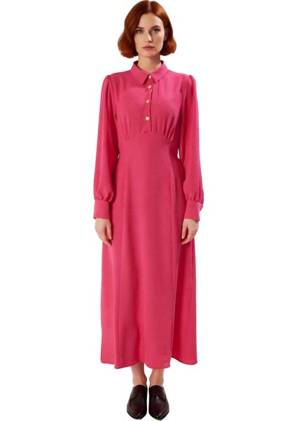 Kadın Casual Gömlek Yaka Uzun Kollu Aerobin Dokuma Skater Kalıp Maxi Boy Elbise Kaliteli Şık