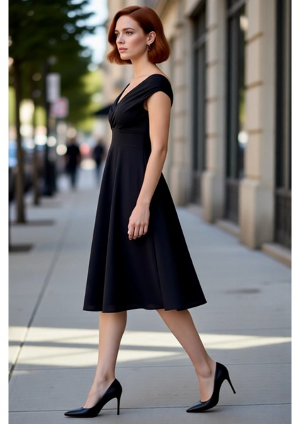 Kadın Dokuma Krep Kumaş Midi Boy Skater Siluet Özel Günler Için Kolsuz Şık Abiye Elbise Kaliteli modelleri