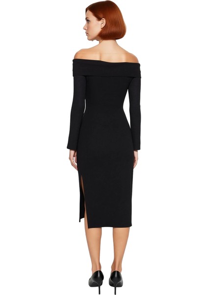 Kadın Düşük Kol Uzun Kollu Bodycon Kalıp Örme Midi Elbise Özel Davetler Için Şık ve Modern modelleri