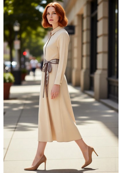 Kadın A Line Kesim Dokuma Gömlek Yaka Elbise Fular Detaylı Ofis ve Günlük Şıklığı Sunar Kaliteli modelleri