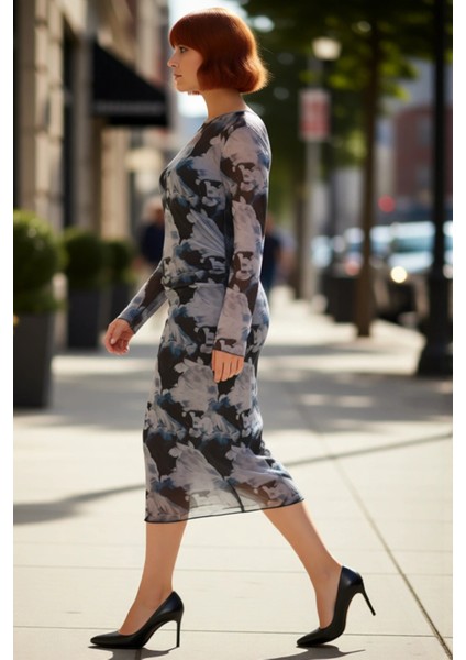 Kadınlara Özel Bodycon Midi Elbise Tül Örme Kumaş Uzun Kollu Ilkbahar Sonbahar Giy Çık Şıklığı fırsatları