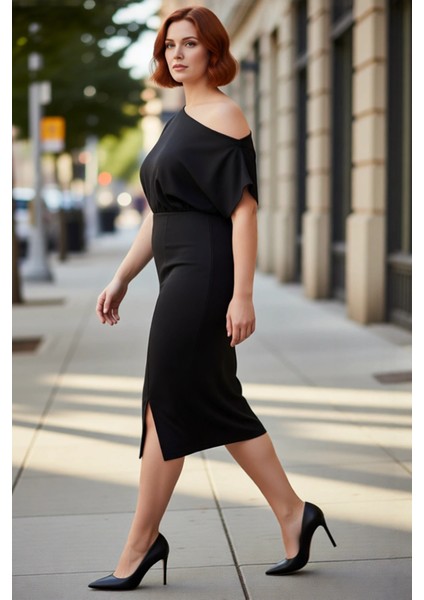 Kadın Bodycon Kesim Asimetrik Yaka Midi Elbise Parti ve Özel Günler Için Modern Örme Zarafeti fırsatları