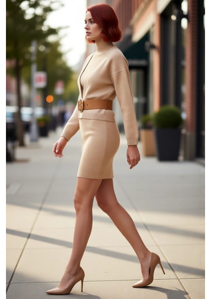 Kadınlara Özel Shift Kalıp Dik Yaka Triko Midi Elbise ve Hırka Ikili Takım Konforlu Şıklık modelleri