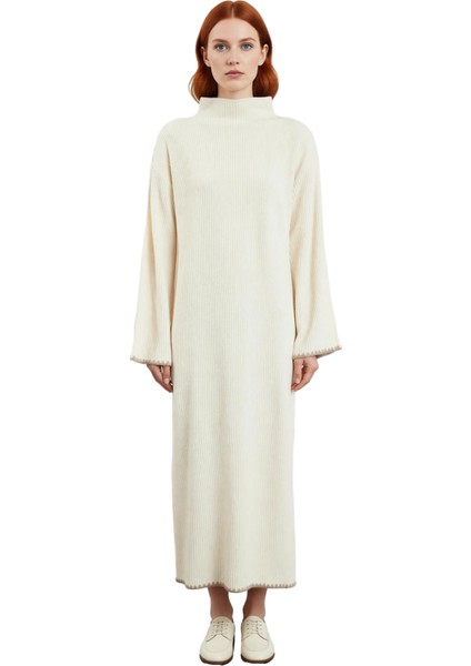 Kadın Casual Dik Yaka Düşük Kollu Maxi Boy Triko Elbise Rahat Shift Kalıp Kış Kombinleri Için