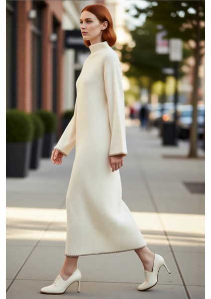 Kadın Casual Dik Yaka Düşük Kollu Maxi Boy Triko Elbise Rahat Shift Kalıp Kış Kombinleri Için modelleri