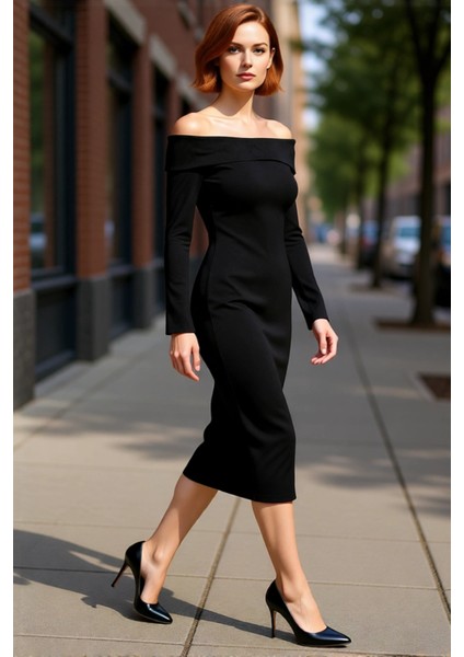 Kadın Düşük Kol Uzun Kollu Bodycon Kalıp Örme Midi Elbise Özel Davetler Için Şık ve Modern fırsatları