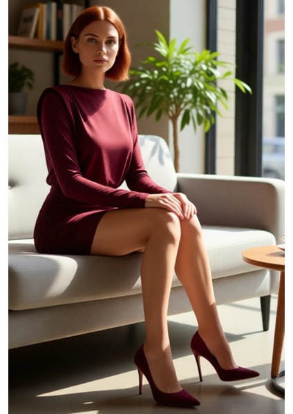 Kadınlar Için Kışlık Mini Boy Vatkalı Drapeli Örme Bodycon Elbise Smart Uzun Kollu Kayık Yaka