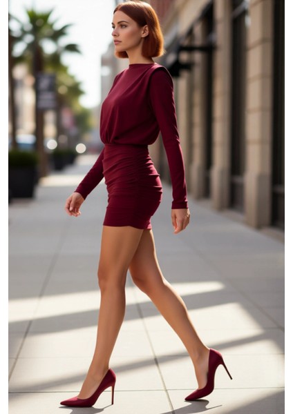 Kadınlar Için Kışlık Mini Boy Vatkalı Drapeli Örme Bodycon Elbise Smart Uzun Kollu Kayık Yaka fırsatları