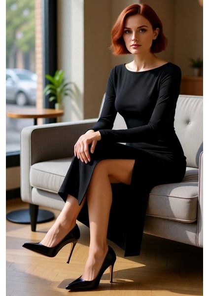 Kadınlar Için Modern Kayık Yaka Maxi Boy Esnek Kışlık Örme Elbise Şık Sırt Dekolteli Tasarım