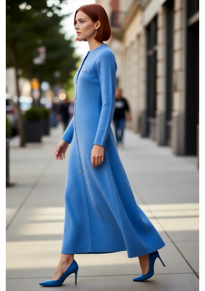 Kadın Şık A Line Tesettür Triko Elbise Selanik Dokuma Düz Uzun Kol Bisiklet Yaka Maxi Akrilik fırsatları