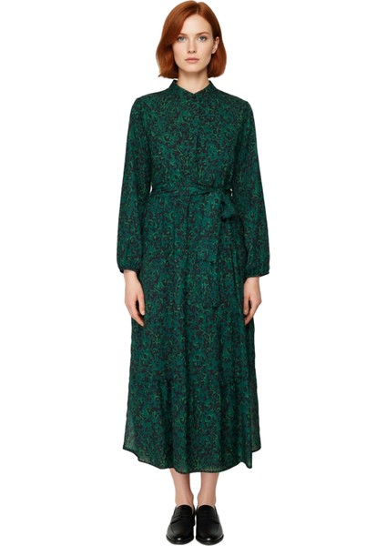 Kadın Puantiye Desen Şifon Astarlı Kuşak Detaylı A Line Maxi Elbise Dik Yaka Uzun Kollu Konfor fiyatları