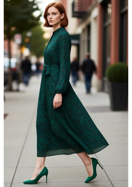 Kadın Puantiye Desen Şifon Astarlı Kuşak Detaylı A Line Maxi Elbise Dik Yaka Uzun Kollu Konfor fırsatları