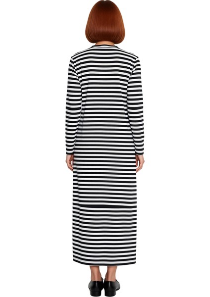 Kadınlara Özel Uzun Kollu Maxi Boy Çizgili Örme Shift Kalıp Düğmeli Dik Yaka Elbise Rahatlık fiyatları