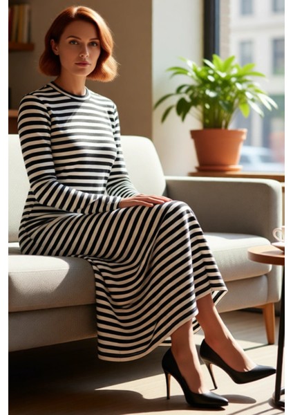 Kadınlara Özel Uzun Kollu Maxi Boy Çizgili Örme Shift Kalıp Düğmeli Dik Yaka Elbise Rahatlık fırsatları