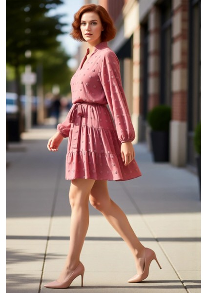 Kadın A Line Bordo Dokulu Kuşaklı V Yaka Mini Elbise Ilkbahar Sonbahar Için Şık Büyük Beden Seçenek.