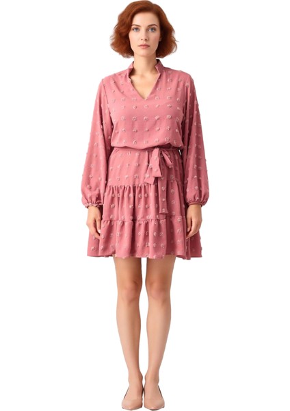 Kadın A Line Bordo Dokulu Kuşaklı V Yaka Mini Elbise Ilkbahar Sonbahar Için Şık Büyük Beden Seçenek. modelleri