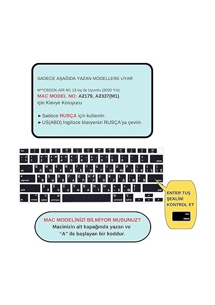 Rusça Klavye Koruyucu Macbook Air M1 13 Inç 2020 (Touchıd'li Air) A2337 A2179 Us Enter ile Uyumlu Siyah fiyatları
