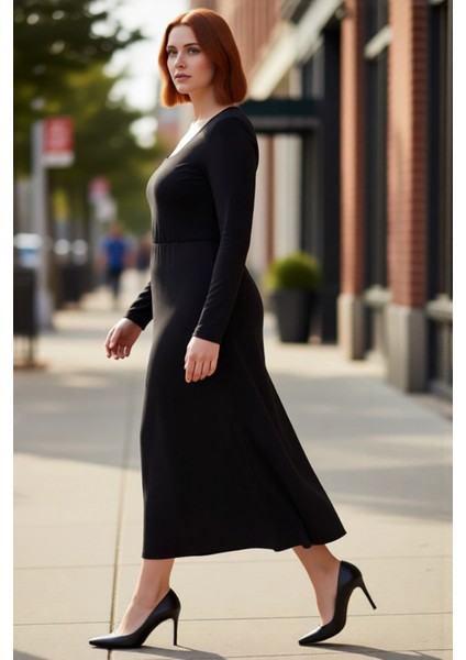 Kadın Kare Yaka Uzun Kollu Düz Desen Örme Maxi Elbise Günlük Şıklık ve Konfor Sunar Kaliteli fırsatları