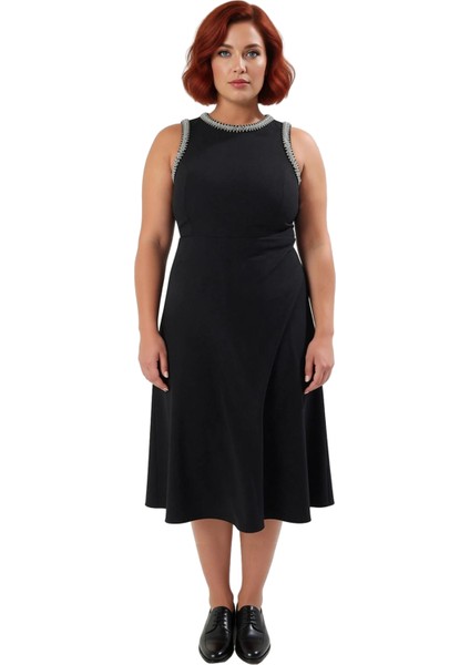 Kadın Midi Boy Siyah A Line Kesim Kolsuz Büyük Beden Abiye Elbise Dokuma Kumaş Özel Davetler Için