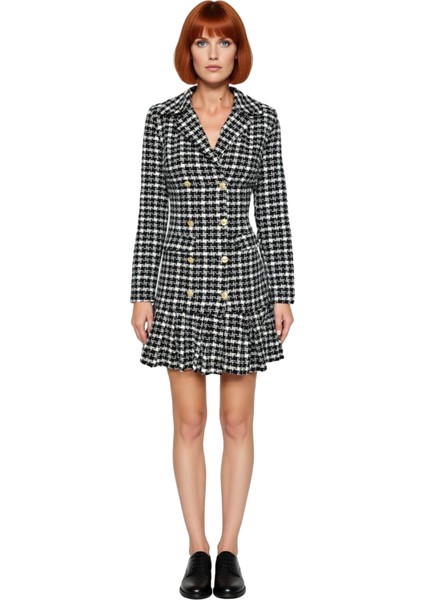 Kadın Ekose Desenli Ceket Elbise Tüvit Dokuma Kışlık Uzun Kollu Düğmeli Fırfırlı Mini %100 Pamuk fiyatları