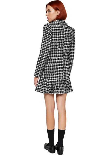 Kadın Ekose Desenli Ceket Elbise Tüvit Dokuma Kışlık Uzun Kollu Düğmeli Fırfırlı Mini %100 Pamuk modelleri