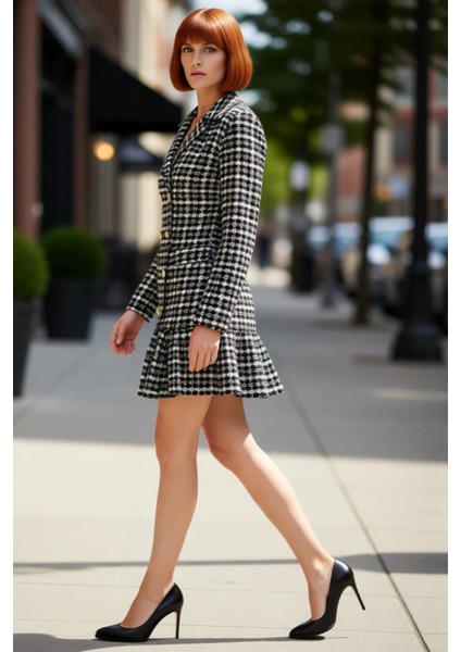 Kadın Ekose Desenli Ceket Elbise Tüvit Dokuma Kışlık Uzun Kollu Düğmeli Fırfırlı Mini %100 Pamuk fırsatları