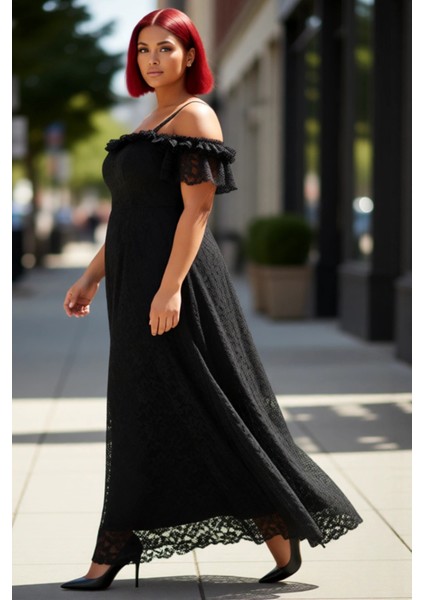 Kadın Siyah Dantelli A Kesim Maxi Abiye Elbise Carmen Yaka Düşük Kol Özel Davet Şıklığı. Kaliteli