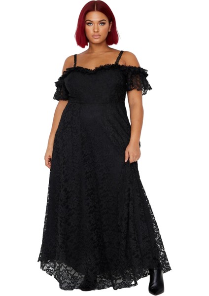 Kadın Siyah Dantelli A Kesim Maxi Abiye Elbise Carmen Yaka Düşük Kol Özel Davet Şıklığı. Kaliteli modelleri