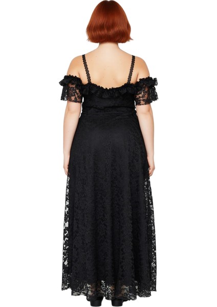 Kadın Siyah Dantelli A Kesim Maxi Abiye Elbise Carmen Yaka Düşük Kol Özel Davet Şıklığı. Kaliteli fırsatları
