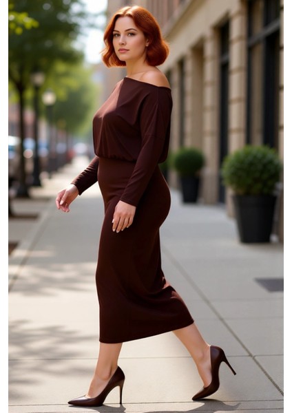 Kadınlar Için Bodycon Kalıp Asimetrik Yaka Uzun Kol Düz Örme Midi Maxi Elbise Kış Şıklığı ve Konforu