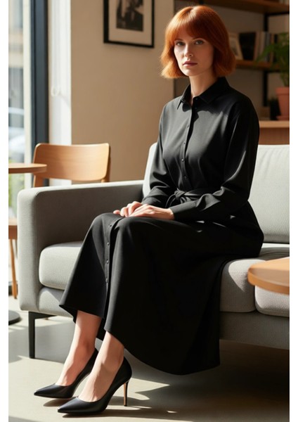 Kadın Uzun Kollu Düğmeli Kuşaklı Gömlek Elbise Dokuma Kumaş Cool Comfort Ramadan Stili Kaliteli