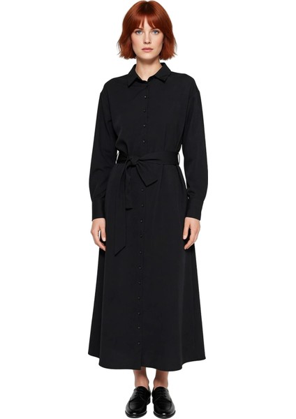 Kadın Uzun Kollu Düğmeli Kuşaklı Gömlek Elbise Dokuma Kumaş Cool Comfort Ramadan Stili Kaliteli fiyatları