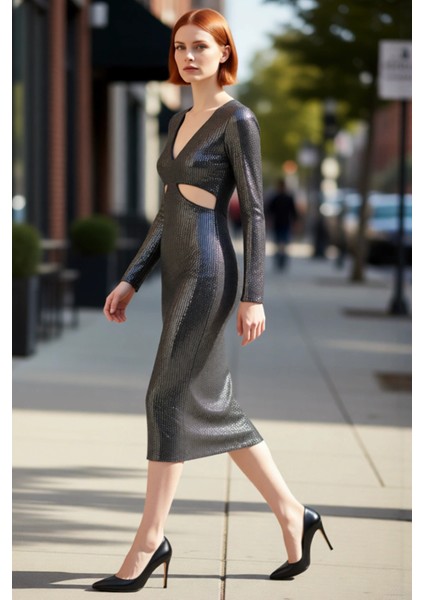 Kadın Şık Midi Boy Payetli Bodycon Elbise V Yaka Kesik Detaylı Özel Davetler Için Göz Alıcı modelleri