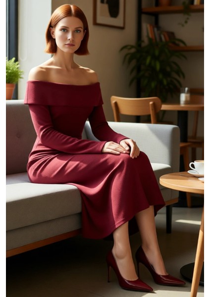 Kadın Düşük Kol Uzun Kollu Bodycon Kalıp Örme Midi Elbise Özel Davetler Için Şık ve Modern