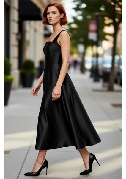 Kadın Şık Gece Elbisesi Skater Siluet Kare Yaka Midi Boy Düz Desen Saten Dokuma Kalın Askılı modelleri